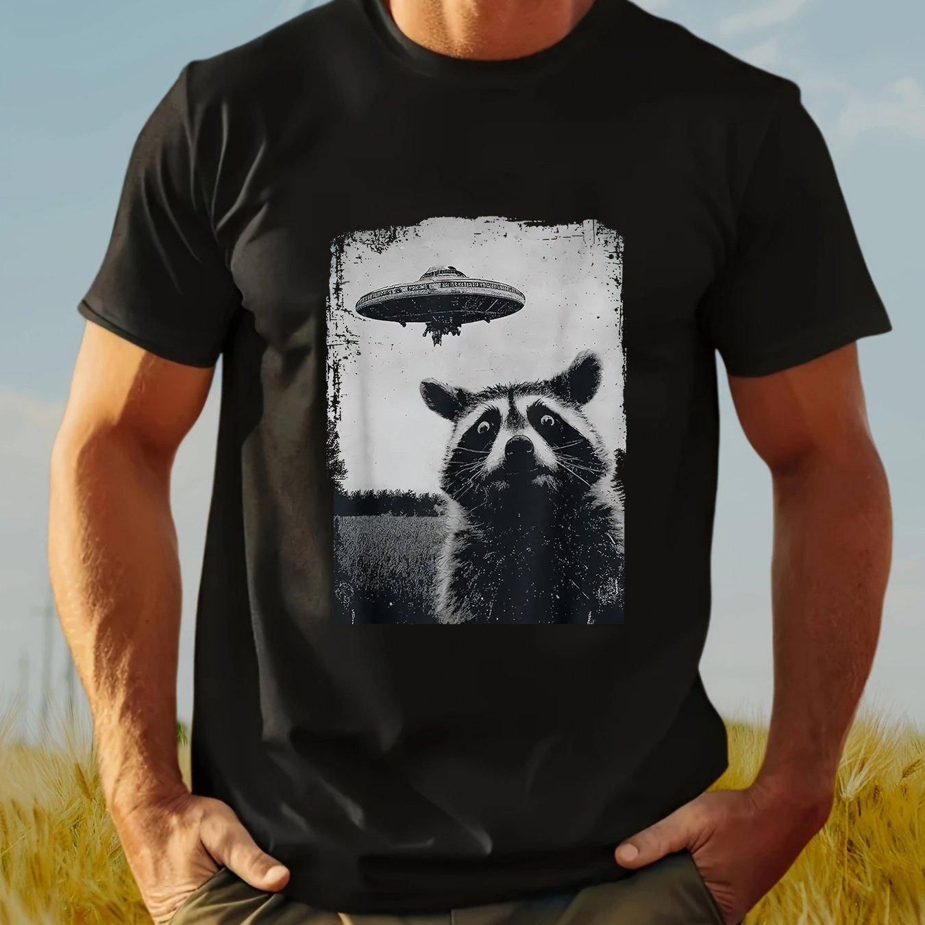

Black Men s Raccoon and UFO Printed Cotton Casual Round Neck T-shirt for Hiking Party Daily Comfortable Breathable Short Sleeve 4XL