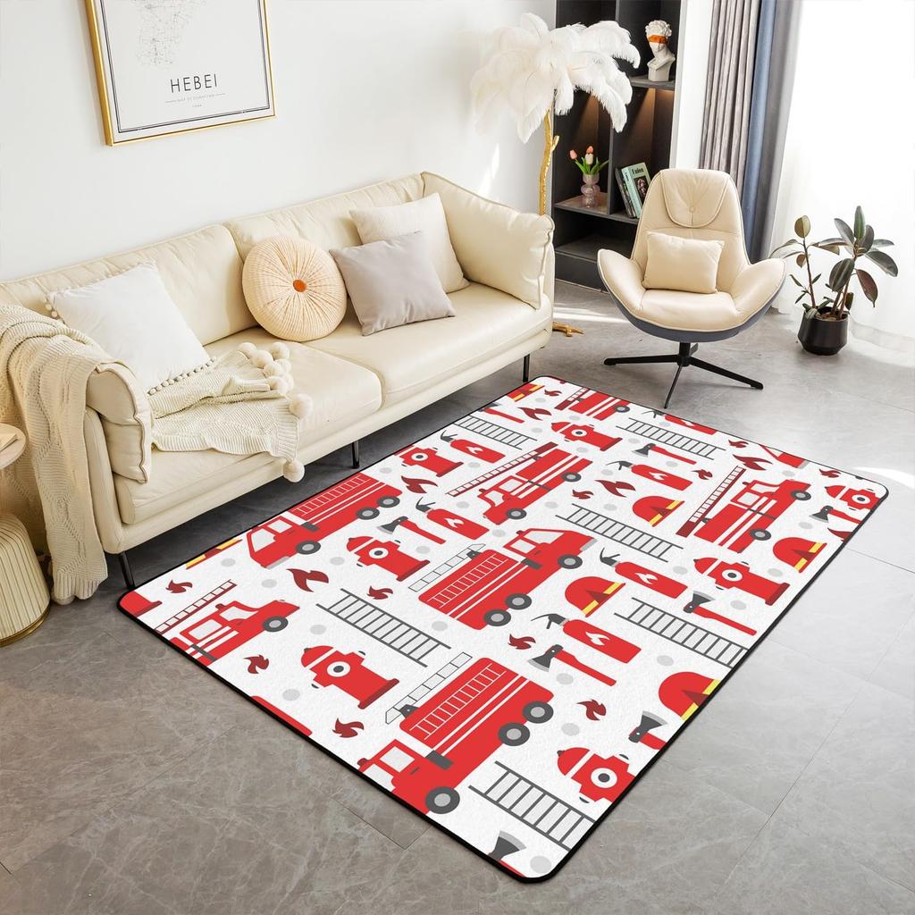Firefighting Truck Area Rug, Fire Truck Carpet for Teen Boys, Cartoon Emergency Rescue Vehicle Floor Mat for Living Room Bedside