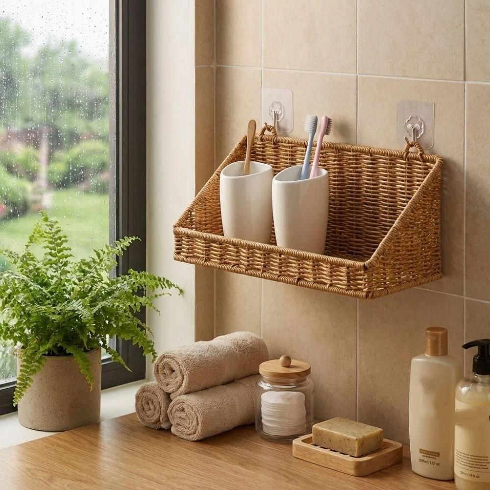 Imitation Rattan Woven Hanging Basket Wall-Mounted Storage Hamper Grocery Basket  Living Room