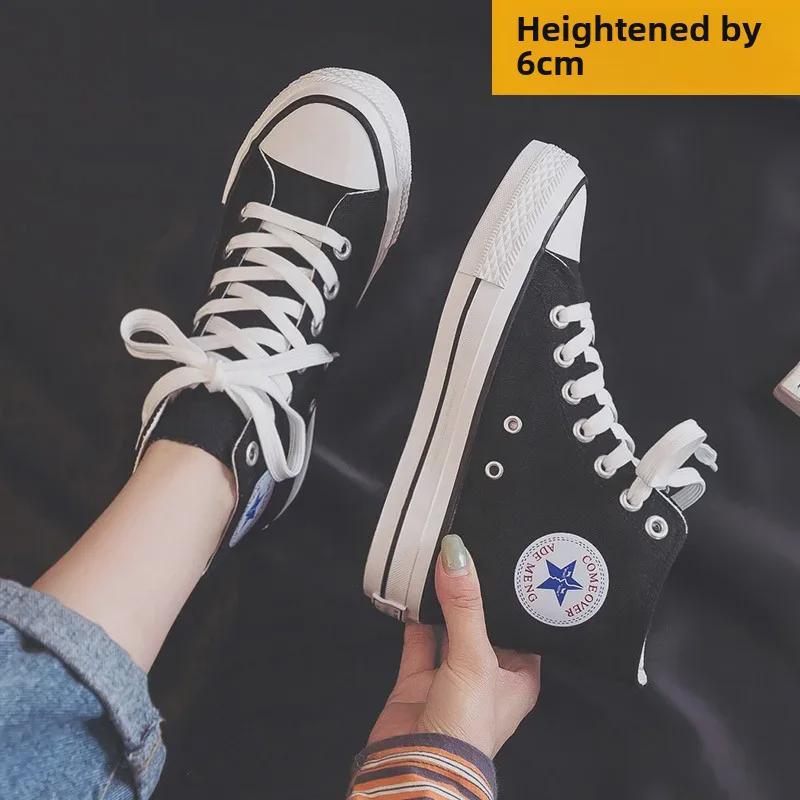 Tênis de lona feminino com salto alto de 6 cm - Primavera/Outono 2024, calçado casual de algodão estilo coreano de cano alto