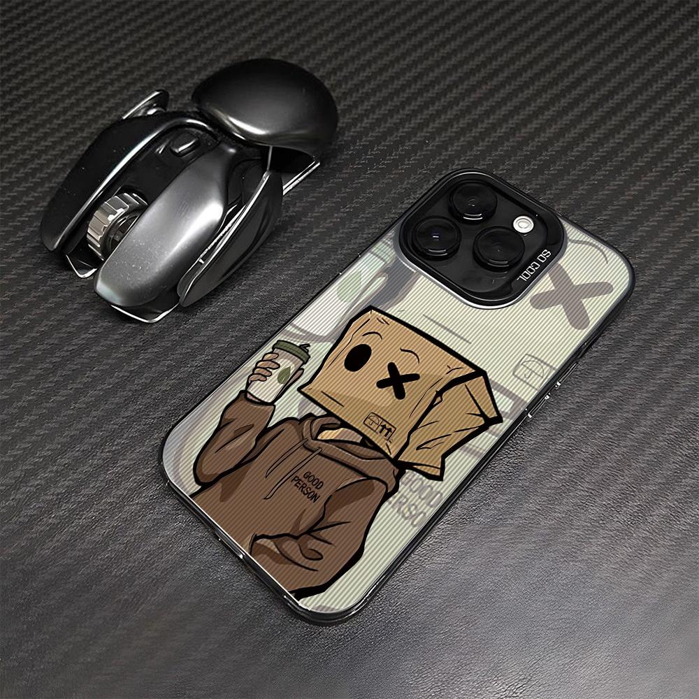 Cartoon Box Man Phone Case for iPhone 17 Air 16 16e 15 14 Plus 13 12 11 Pro Max X Xs XR 8 Colorful Silver Hard Cover