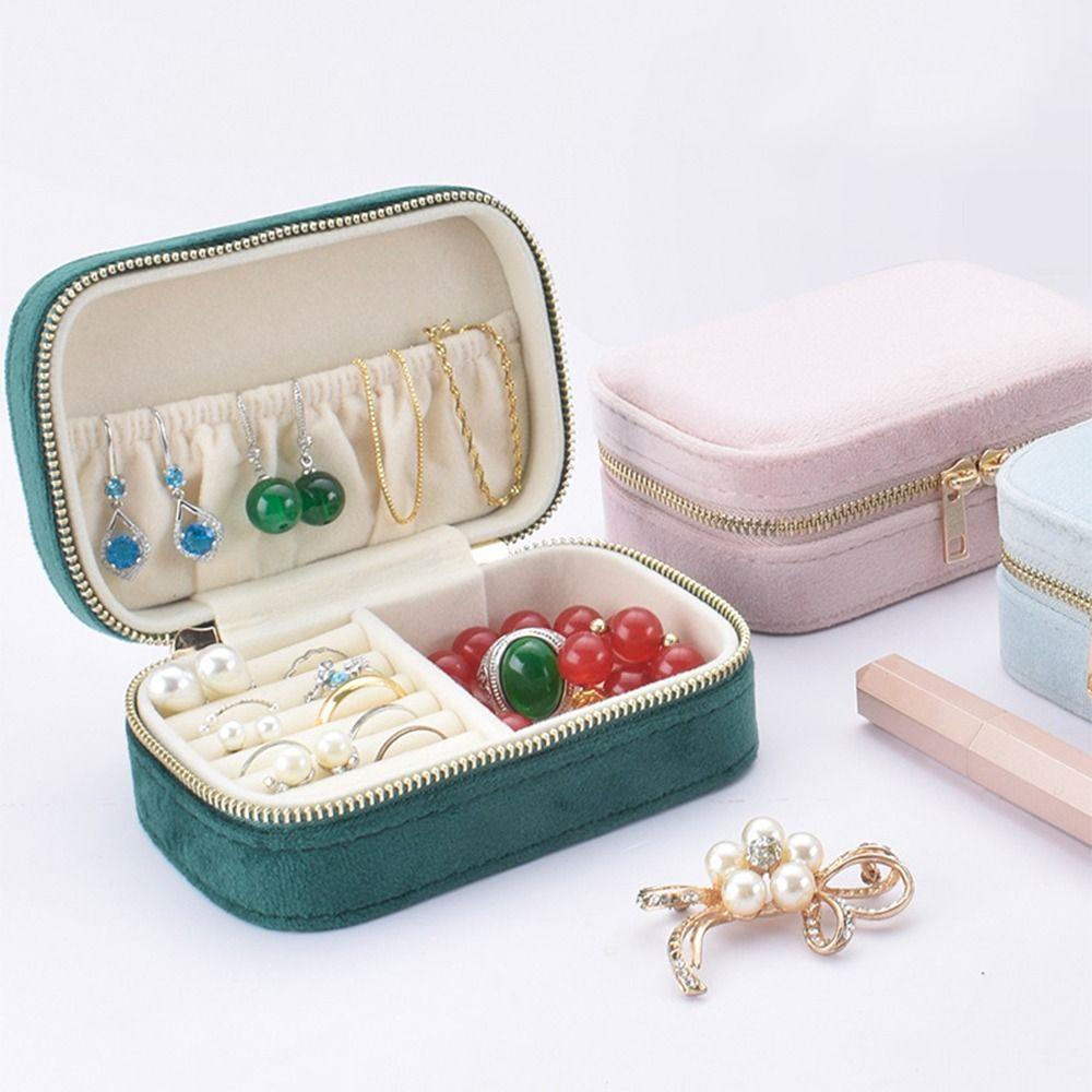 Velvet Portable Jewelry Box Zipper Closure Necklace Storage Case  Rings Storage Case