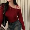 Slanted Collar Tied Irregular Pullover Women's Long Sleeved Knitted Tops Autumn Winter Korean Fashion Red Retro Sweaters