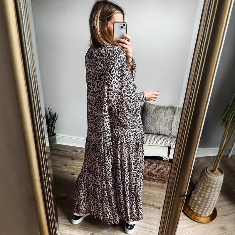 Spring and Autumn Leopard Print Long Women's Fashion Loose V-neck Button Dress