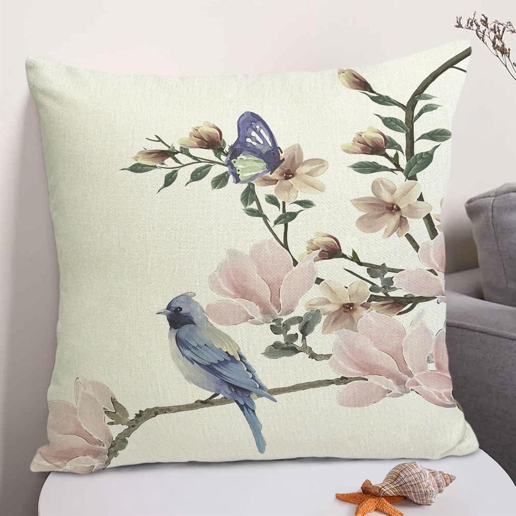 Bird Flower Decorative Pillow Covers 18x18 Linen Outdoor Square Pillow Case Cushion Cover for Sofa Couch Bedroom