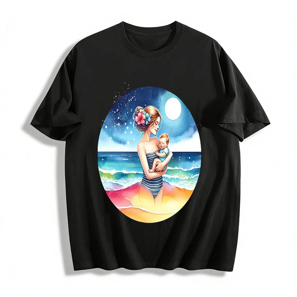 Moonlit Beach Mother And Baby Embrace Print Casual Top Pure cotton T-shirt XXS
