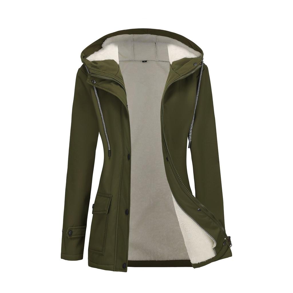 Damen Modische Einfarbige Langärmlige Kapuzen-Windjacke mit Reißverschluss Verbundsamt Wasserdichte Jacke