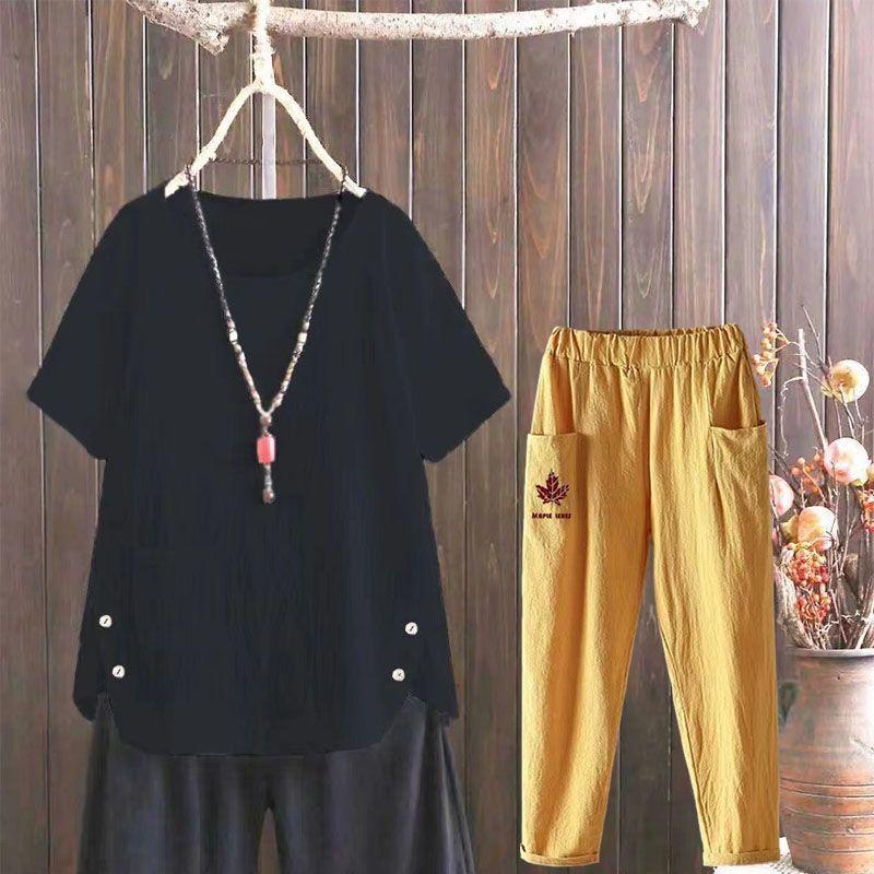 2pcs Cotton Linen Pants Suits Summer Women's Round Neck Cotton Linen Blouse Elastic Waist Cotton Linen Harem Pants Two-Piece Set Casual  Outfits