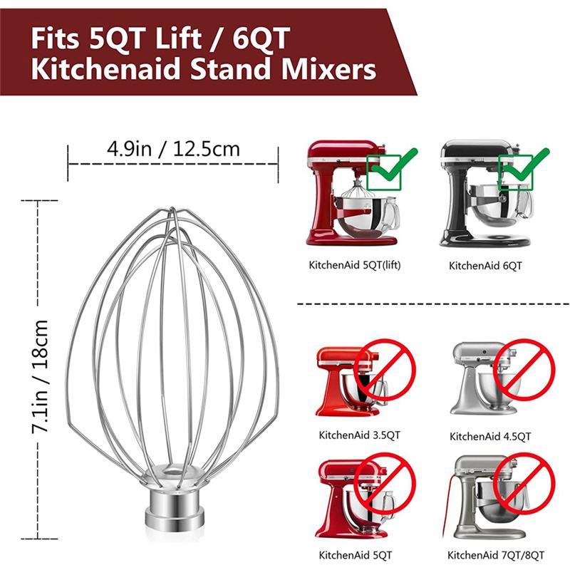 

KN256WW Wire Whip for Kitchenaid Stand Cake Mixer 5QT Lift and 6QT, Whisk Attachment, Stainless Steel Egg Cream Stirrer