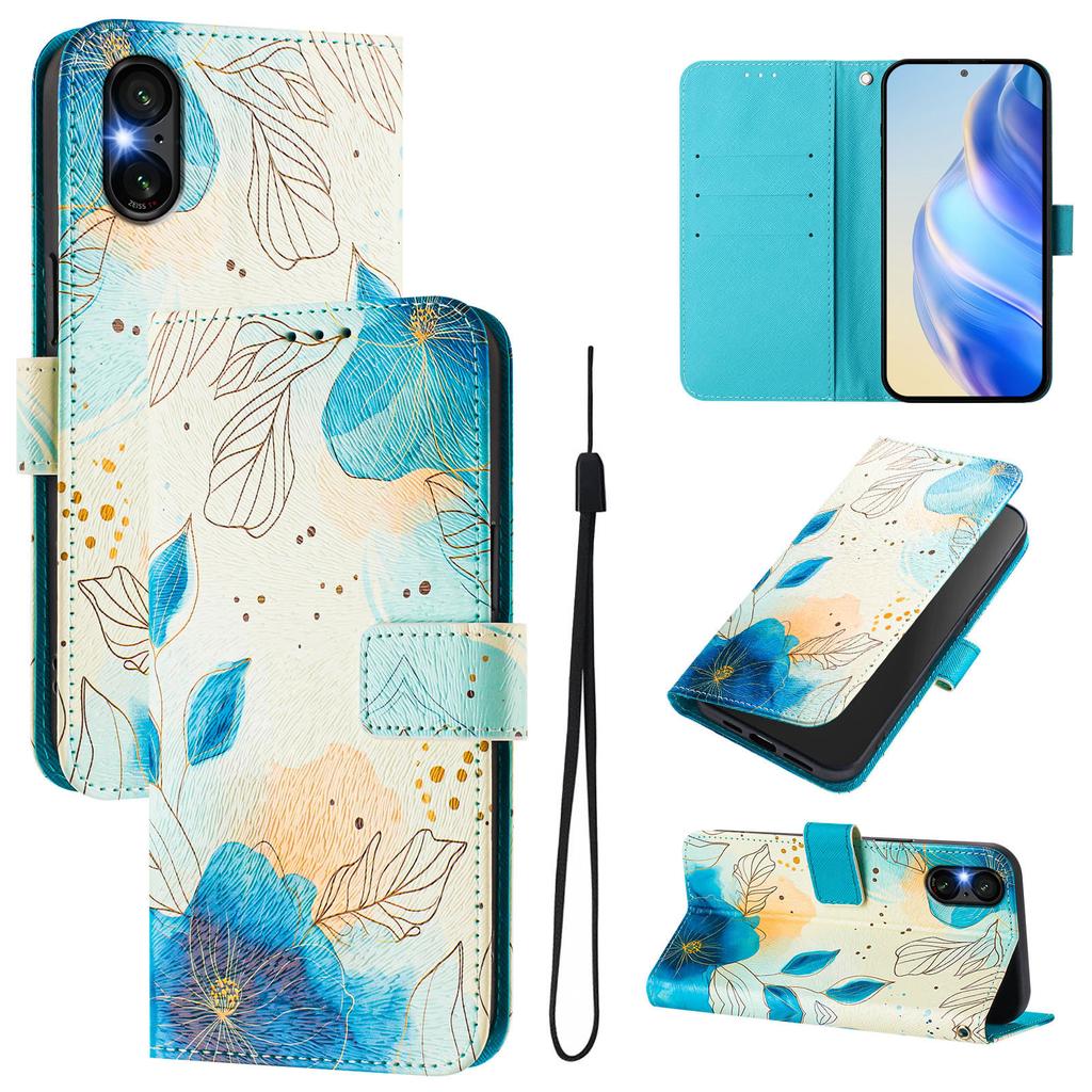 Blue Flower Luxury Painted Leather Case Wallet Book Style Cover for Sony Xperia 5 IV / 10 IV ,Xperia 1 V / 5 V / 10 V,Xperia 1 VI,5 VI,10 VI.