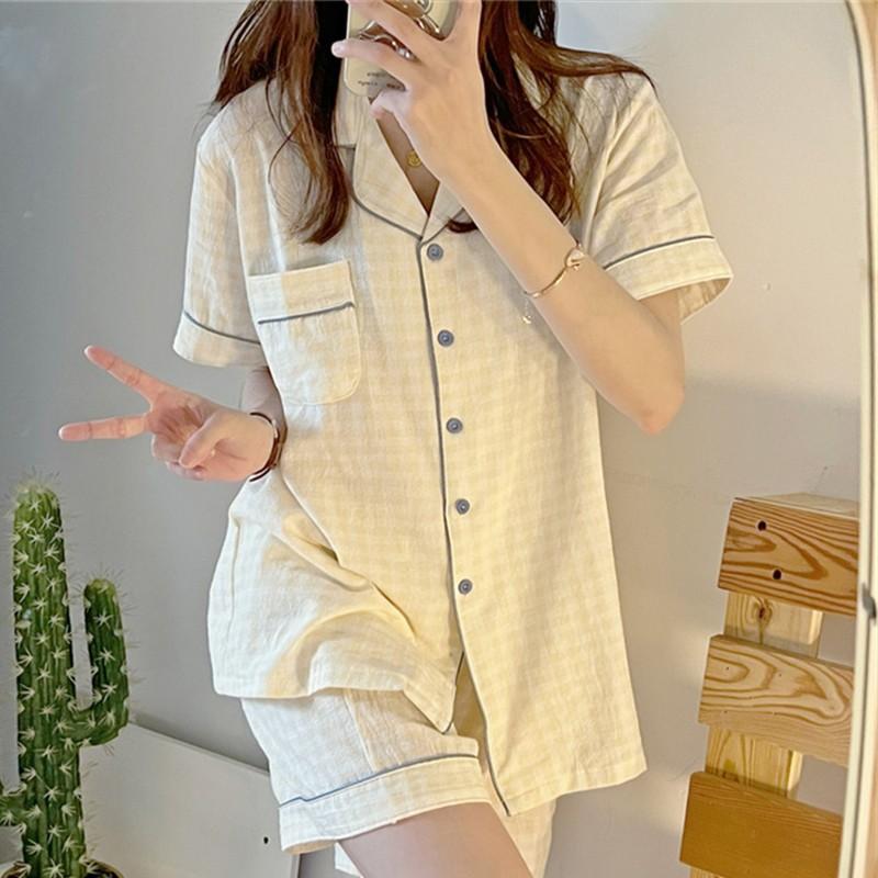 Japanese-style Unprinted Style Summer Fresh Cotton Pajamas Women's Short Sleeves 1011 New Loose Outer Loungewear Suit