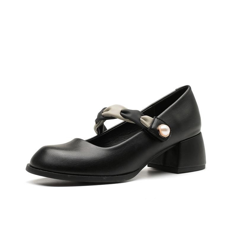 

Leather flat for Huizhou women s shoes Su Yinyin same high heels thick heel spring new French single shoes women 34 чёрный