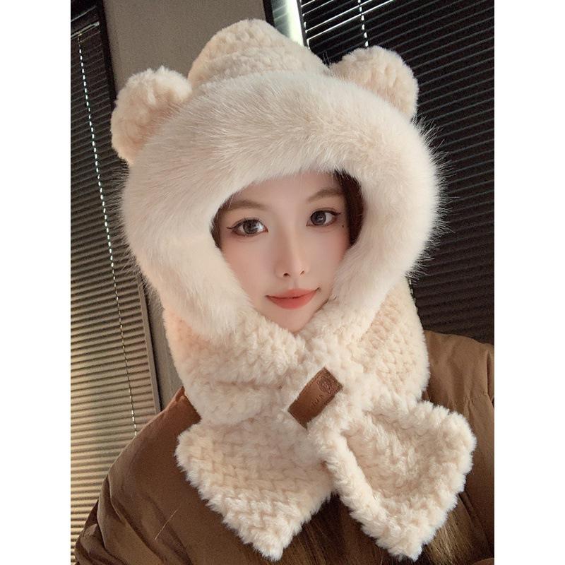 Cute bear ears hat scarf integrated women's winter plush thickened cycling cold protection scarf ear protection cap