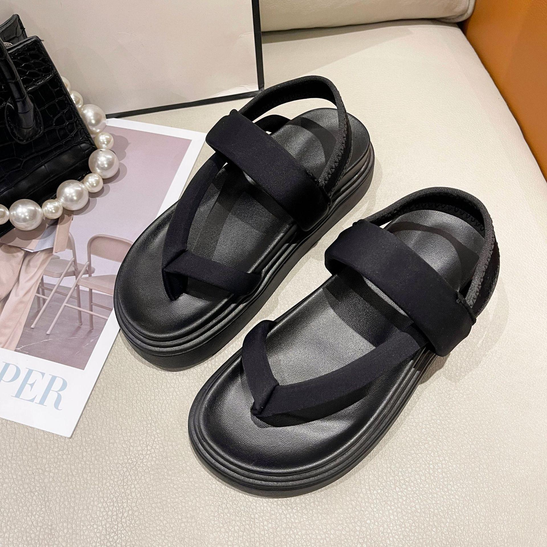 

толстая подошва пляжные римские сандалии женские эластичные тканевые сандалии с рукавами и носком летние новые женские туфли спот производитель оптовая продажа 35 чёрный