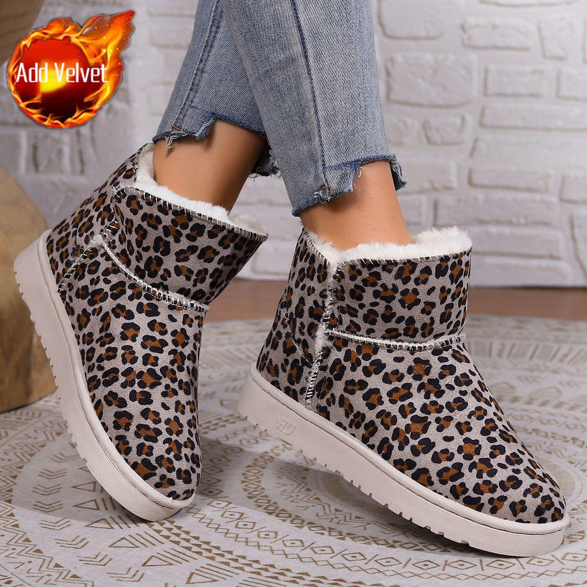 

Женские зимние ботинки на платформе с леопардовым принтом и флисовой подкладкой, с круглым носком, большого размера, теплые до щиколотки, горячая мода 2025, обувь из овчины для женщин 41