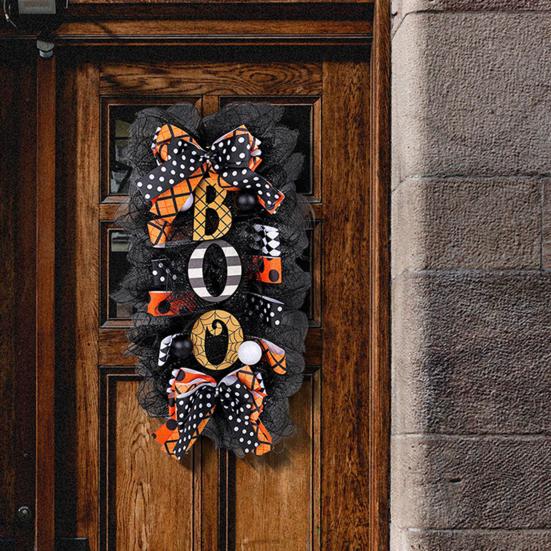 Halloween Swag Wreath for Front Door Scary Mesh Ribbon Boo Swag Garland with Bow for Party Wall Porch Decor