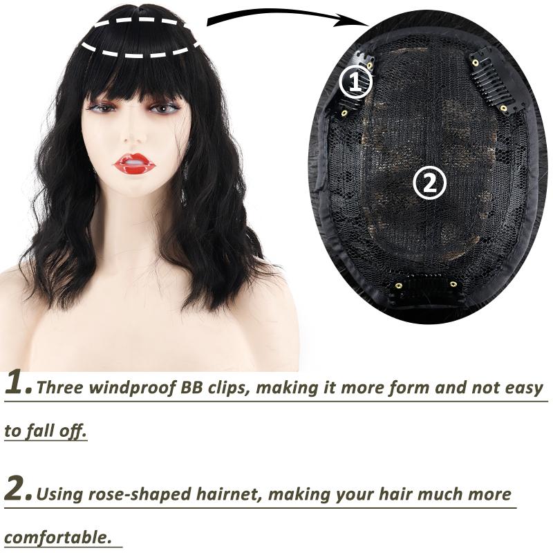 MISS WIG Women Natural Short Wavy Hair Extensions with Bangs Clip On Wig Synthetic Fiber Hair Piece Suitable for Party Daily Use