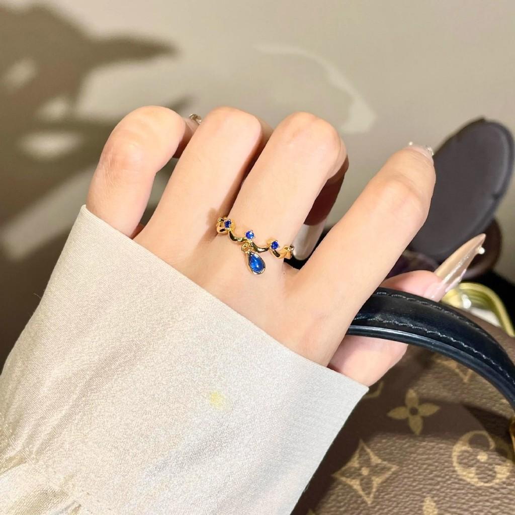 Exquisite Copper Adjustable Blue Floral Edge Ring For Women With Timeless Charm