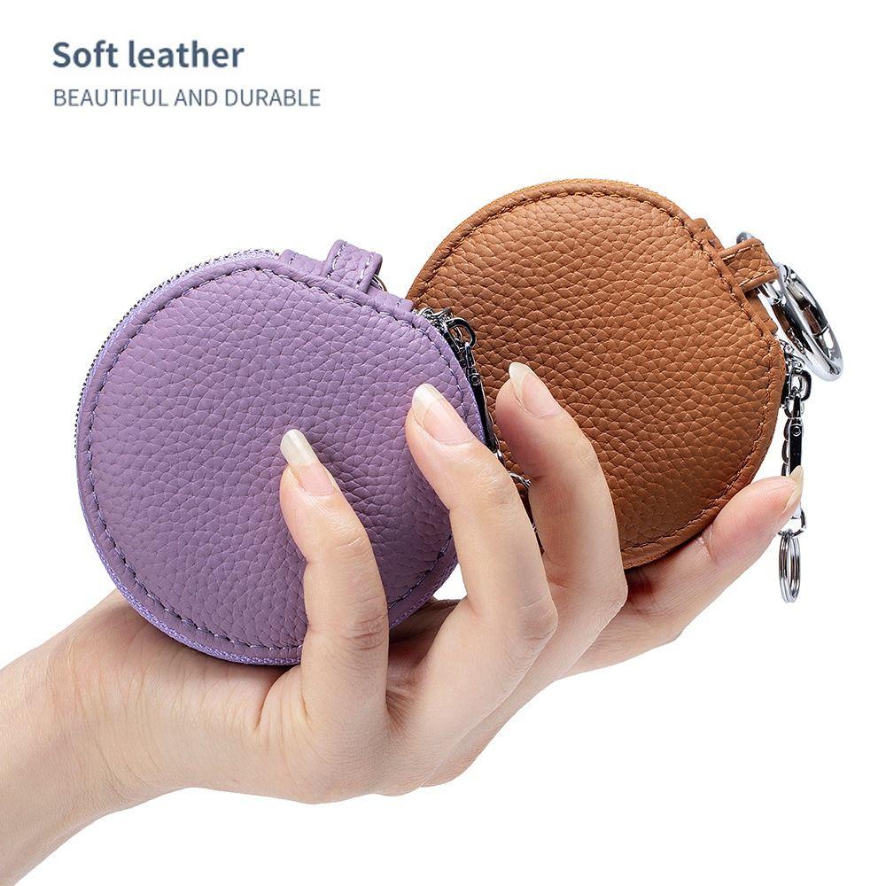 Genuine Leather Coin Purse Bag Pendant Decor Zipper Closure Round Wallet Keychain With Mirror Bluetooth Earphone Bag