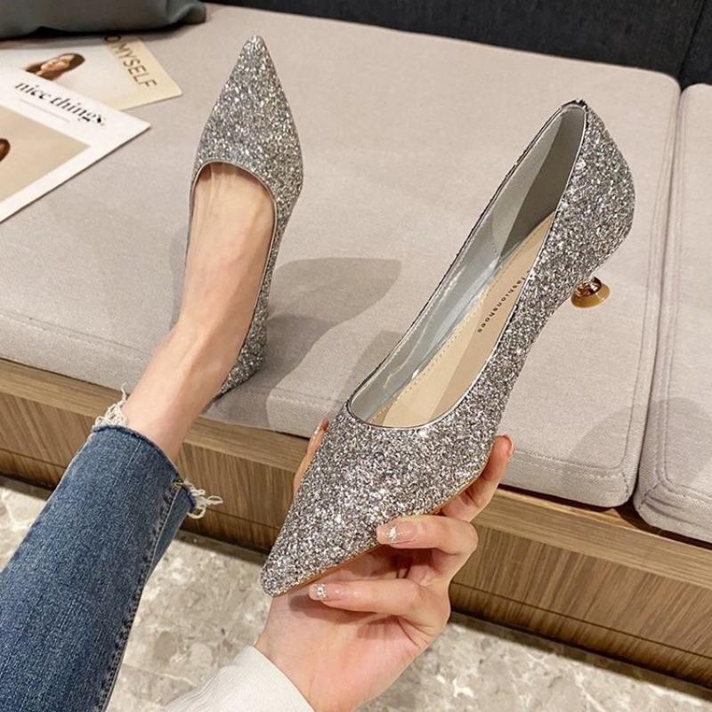 Fashion Crystal Wedding Shoes Female 2025 New Gold Wedding Bridesmaid Low-heeled High Heels Bridal High Heels