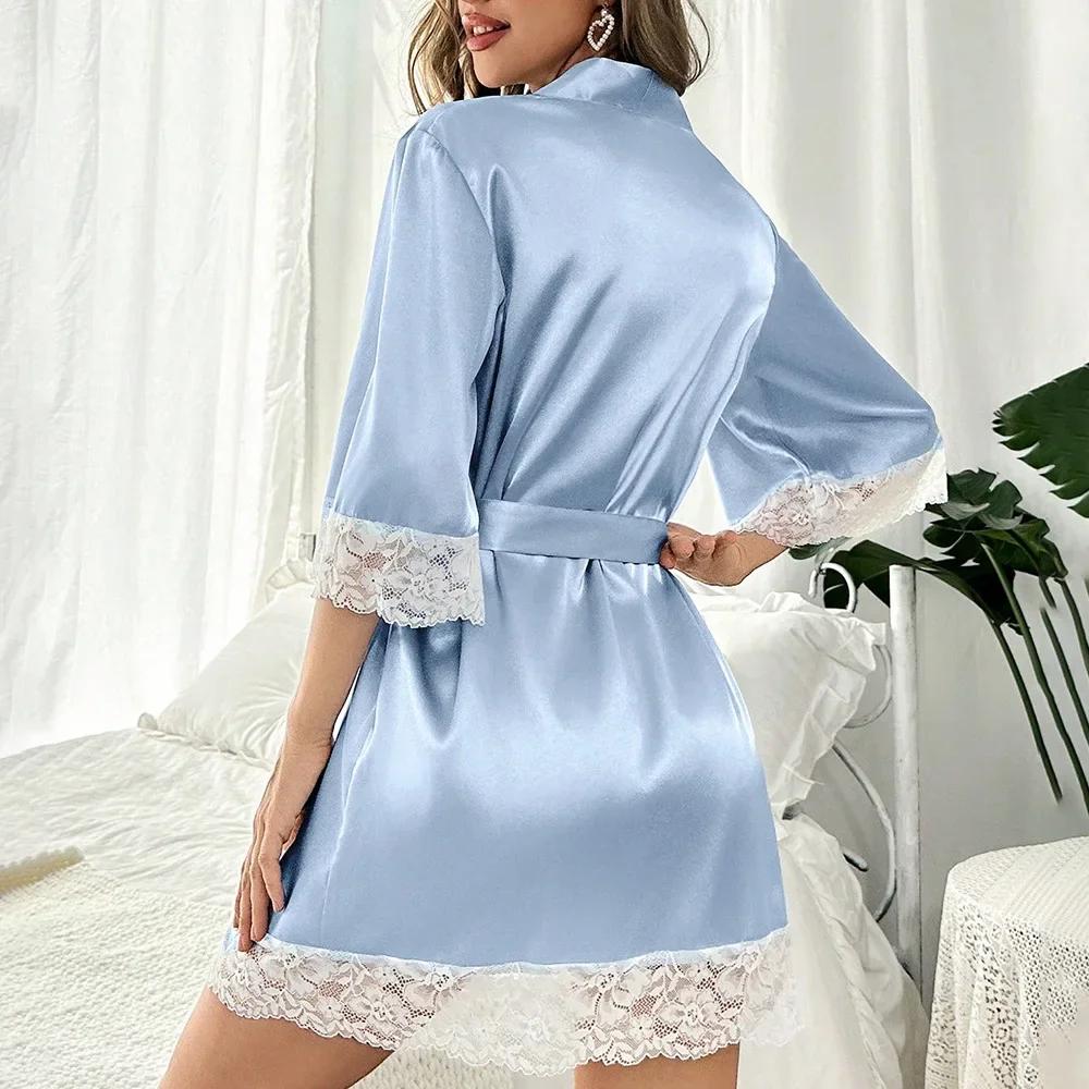 Women's Sexy Lace Bathrobe Pajamas Female Soft and Comfortable Solid Color Sleepwear V-Neck Bathrobe Pajamas