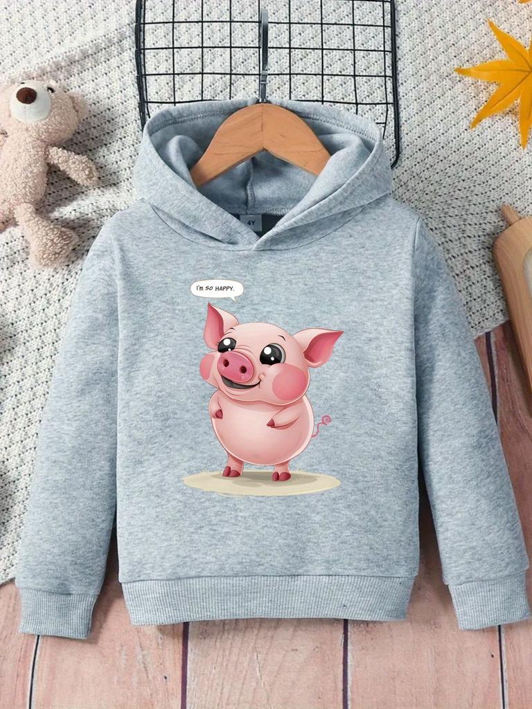 6 13 PIG I M SO HAPPY Boys' Casual Long-Sleeve Hoodie, Autumn And Winter Sports Shirt for Boys, Outdoor Hoodie Top