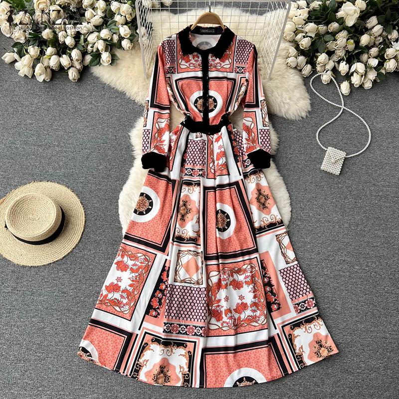 

ZANZEA Женщины Ретро Принт A-line Платье Весна Лето Повседневный с длинным рукавом Slim Длинное платье