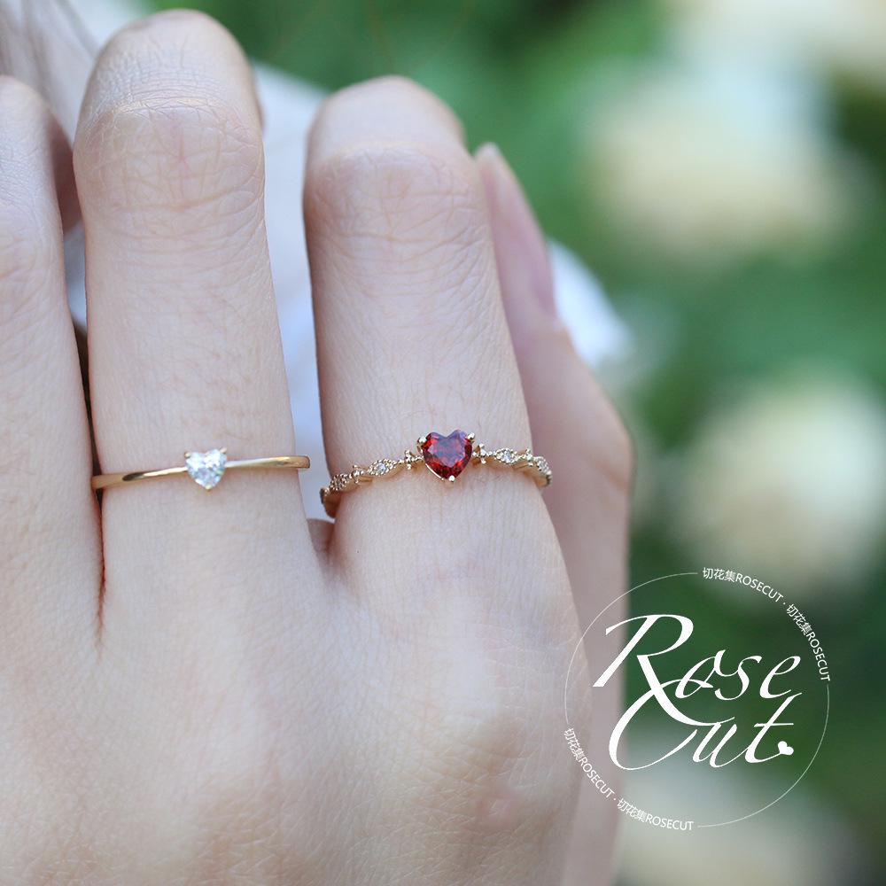 14k Gold-Plated S925 Sterling Silver Pinky Ring with Heart-Shaped Red Ruby, Japanese Style, Elegant and Fresh.