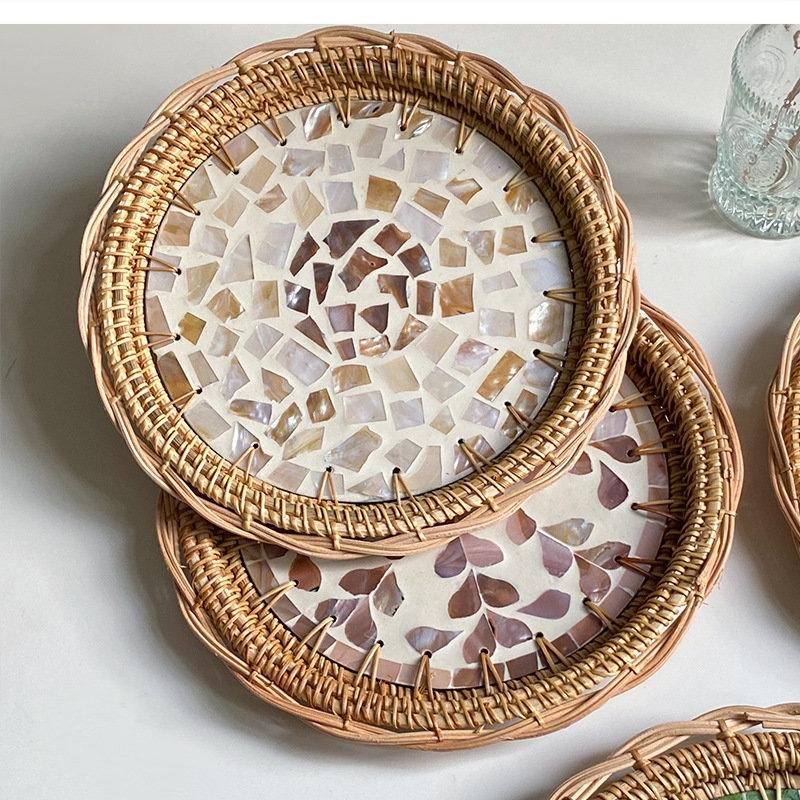 Light Luxury Rattan Woven Round Colorful Storage Tray Living Room Tea Table Fruit Pastry Cake Plate Trays Decorative