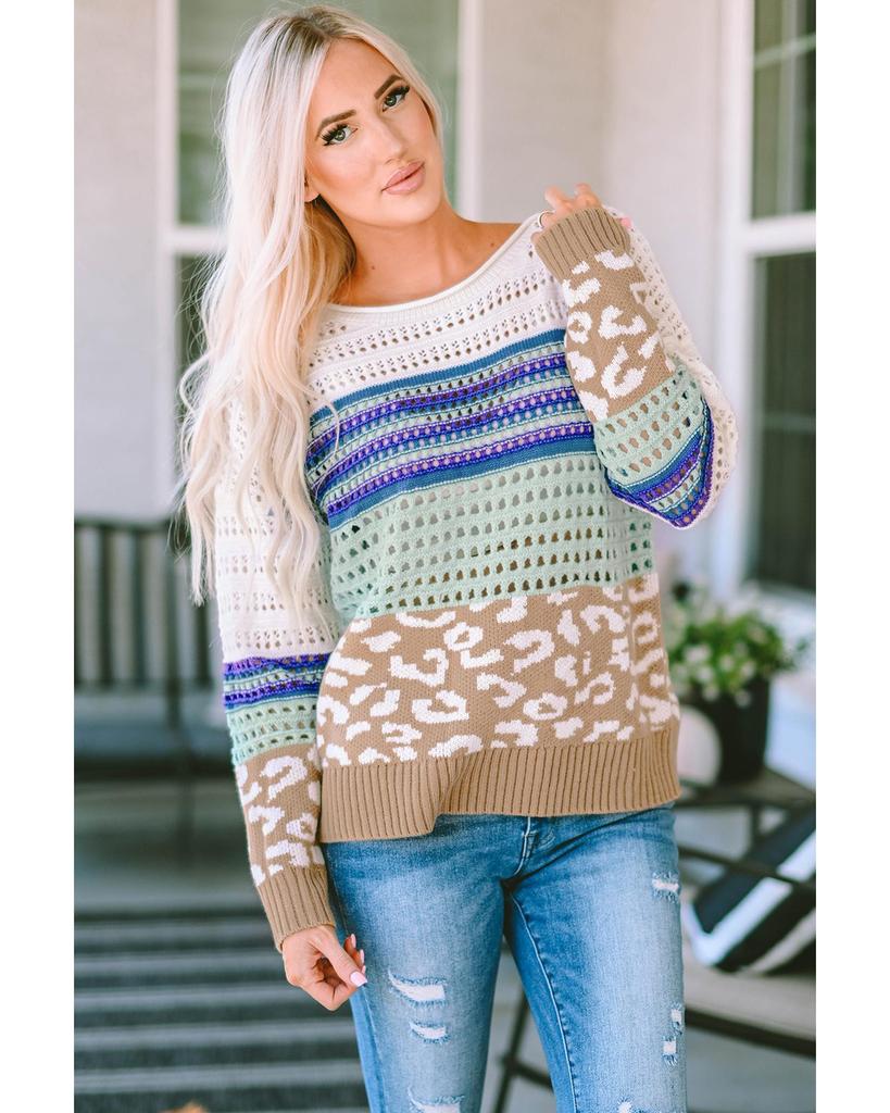 Azura Exchange Leopard Striped Mix Pattern Knit Crochet Sweater