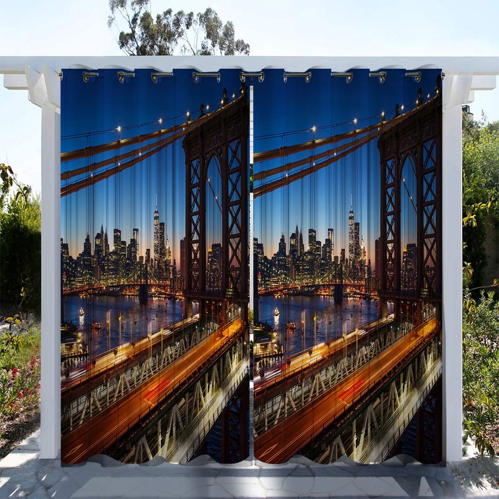 1pc Outdoor Waterproof Oil-proof Curtains,Modern Sunshade City Light Night View River Building Print Curtain For Living Room