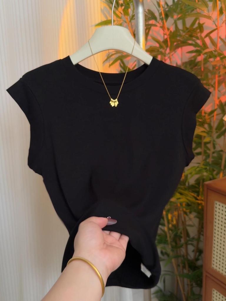 Women's 2025 Korean Style Round Neck Cap Sleeve Loose Slimming T-shirt