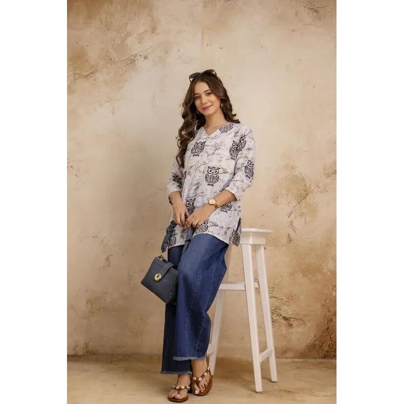 Indian Women Printed Cotton Blend Straight Kurta Top Party Wear Designer Tunic VFP-1852a