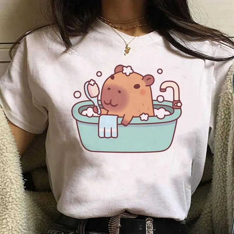 Capybara Streetwear Mode d'Été T-shirt Femme Harajuku Chemise Vêtements Kawaii Manches Courtes T-shirt en Coton Haut Décontracté à Col Rond