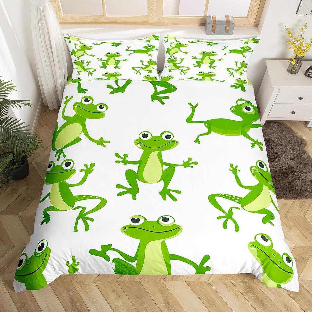 Kawaii Frog Duvet Cover Cute Frog Bedding Set For Boys Girl Blossom Flowers Floral Comforter Cover Cartoon Farm Animal Bed Cover