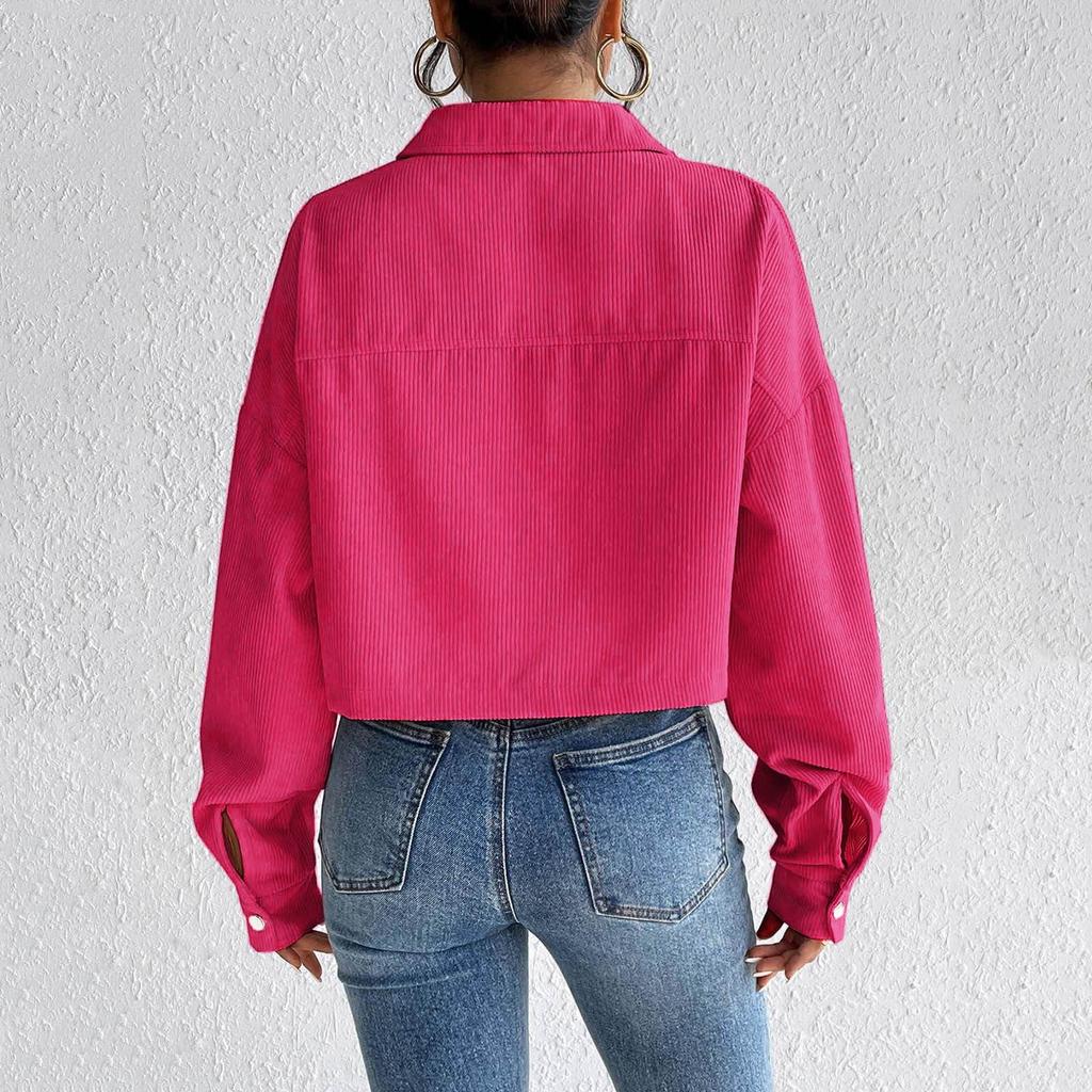Womens Fashion Cropped Shacket Button Down Corduroy Shirt Jackets Casual Long Sleeve Crop Tops Trendy Fall Outfit