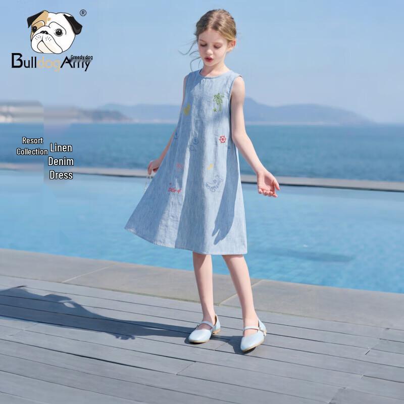 CHANZUIGOU Girls  Tencel Linen Printed Sleeveless Denim Dress 160 cm