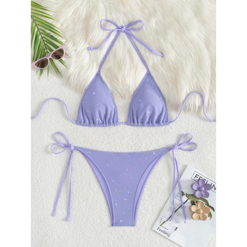 

Women s Royal Blue Glitter Triangle Bikini Set - Halter Tie Top with Side Tie Thong Bottoms L лавандовий