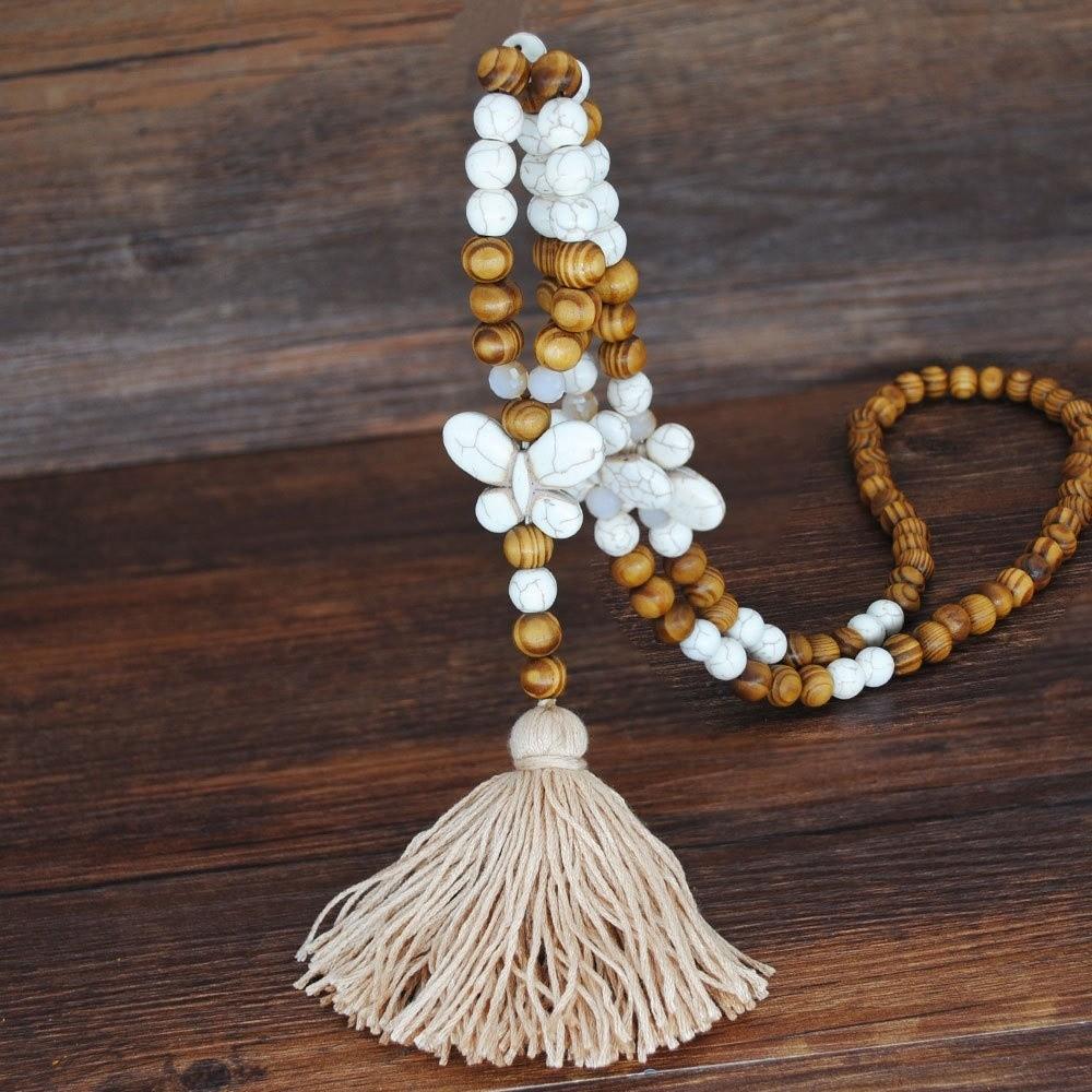 Vintage Design Statement Tassel Necklace Long Chain Wood Beads Necklace  For Women Butterfly