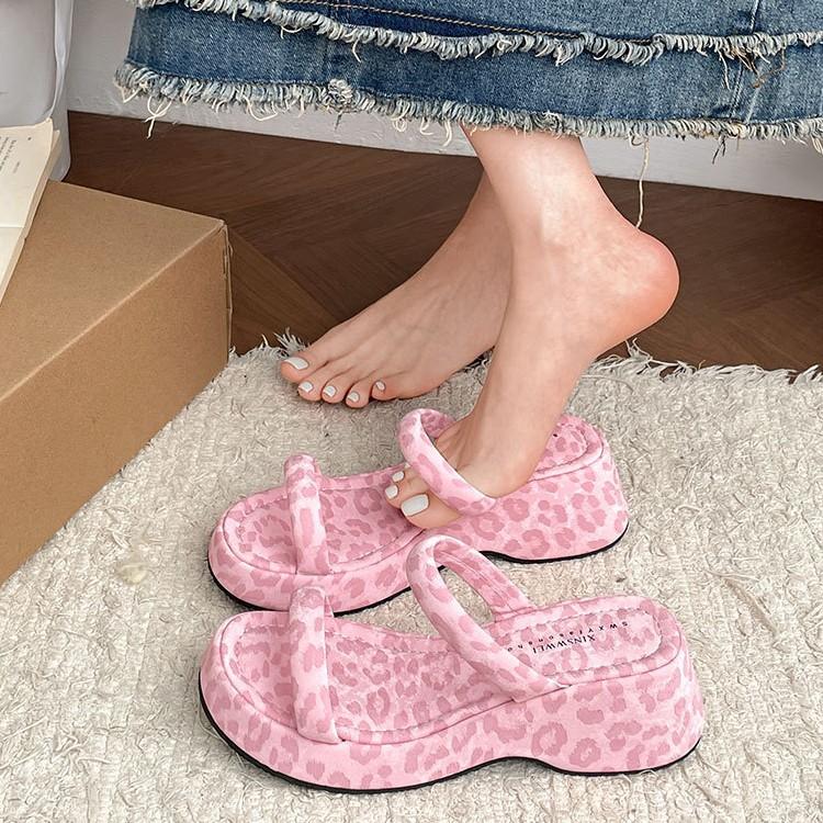 Pink Leopard Print with Skirt Thick-soled One-word Slippers Women's Summer Wear 2025 New High-end Versatile Cool Slippers