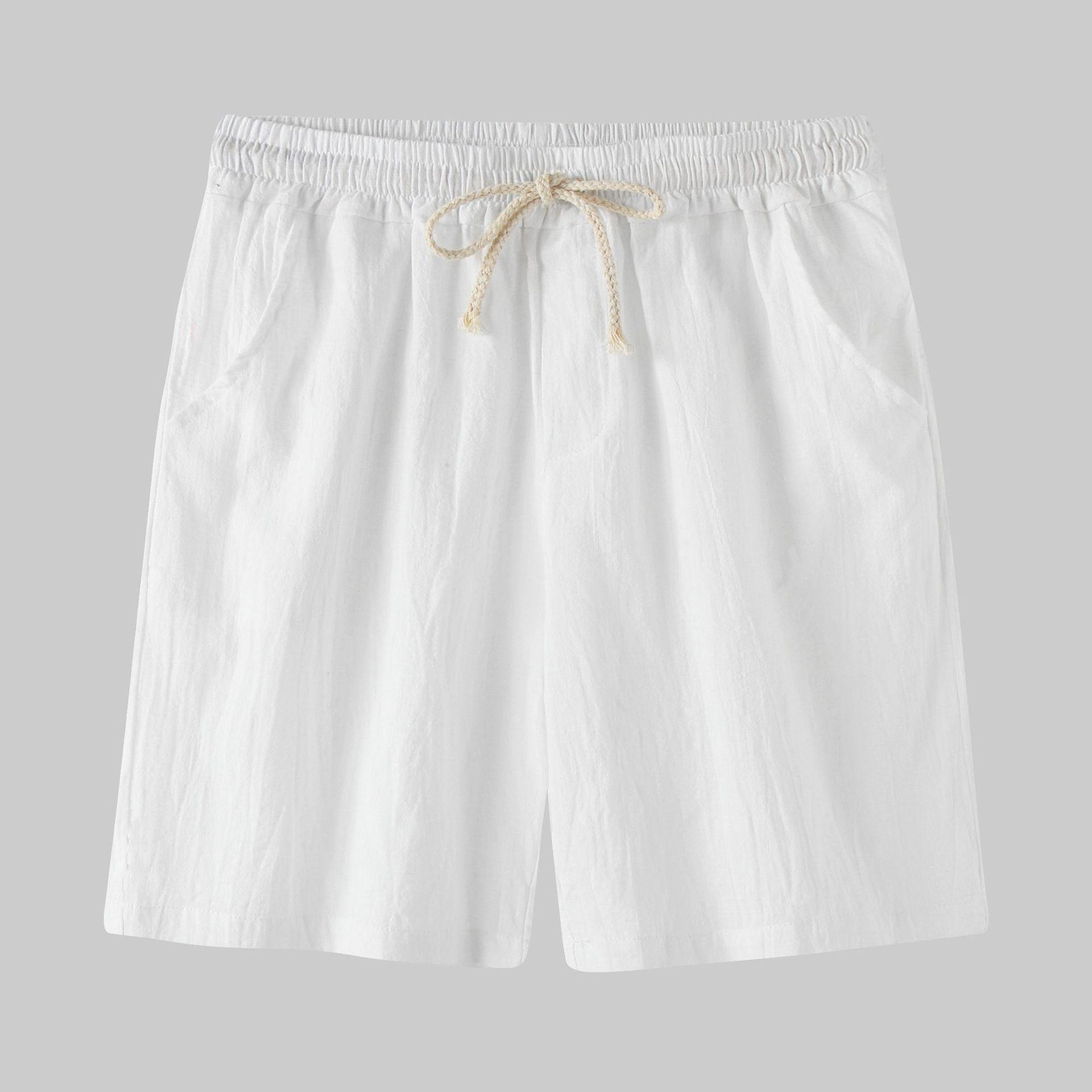 2026 Spring/Summer Men s Slim Fit Cotton Linen Beach Pants - Korean Style Casual Solid Color Shorts Extra Large белый