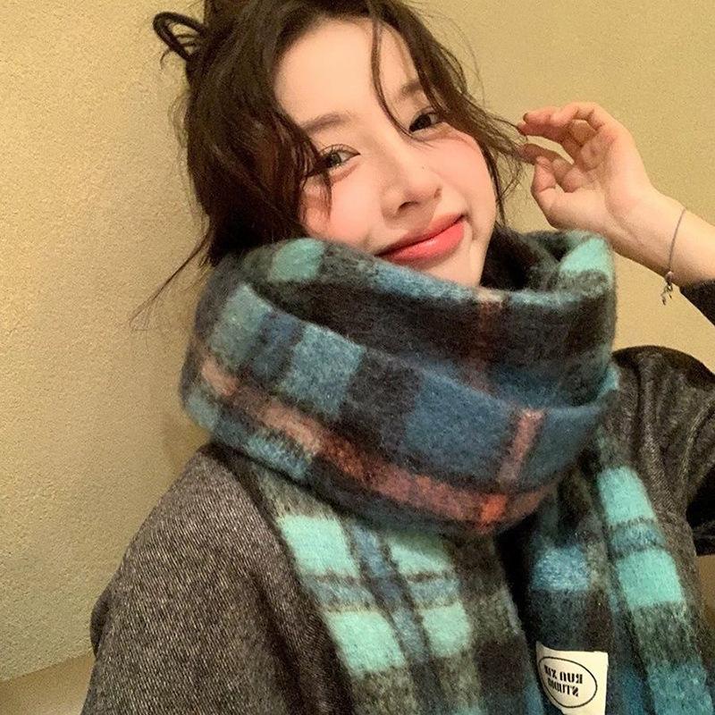 New Icelandic Blue Plaid Scarf Women's Winter Mohair High-end Sense White Warm Shawl Student Thickened Scarf