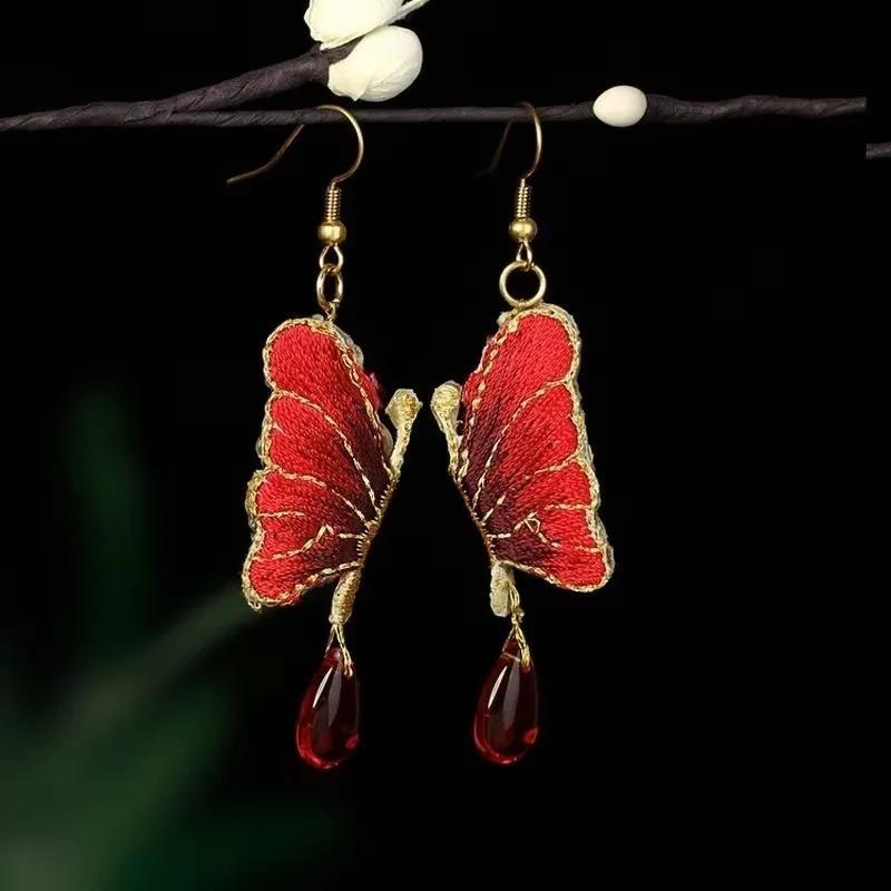 1 Pair Embroidered Butterfly Handmade Earrings Green Water Drops Colored Glazed Nature Stones Earring Green Cheongsam Jewelry