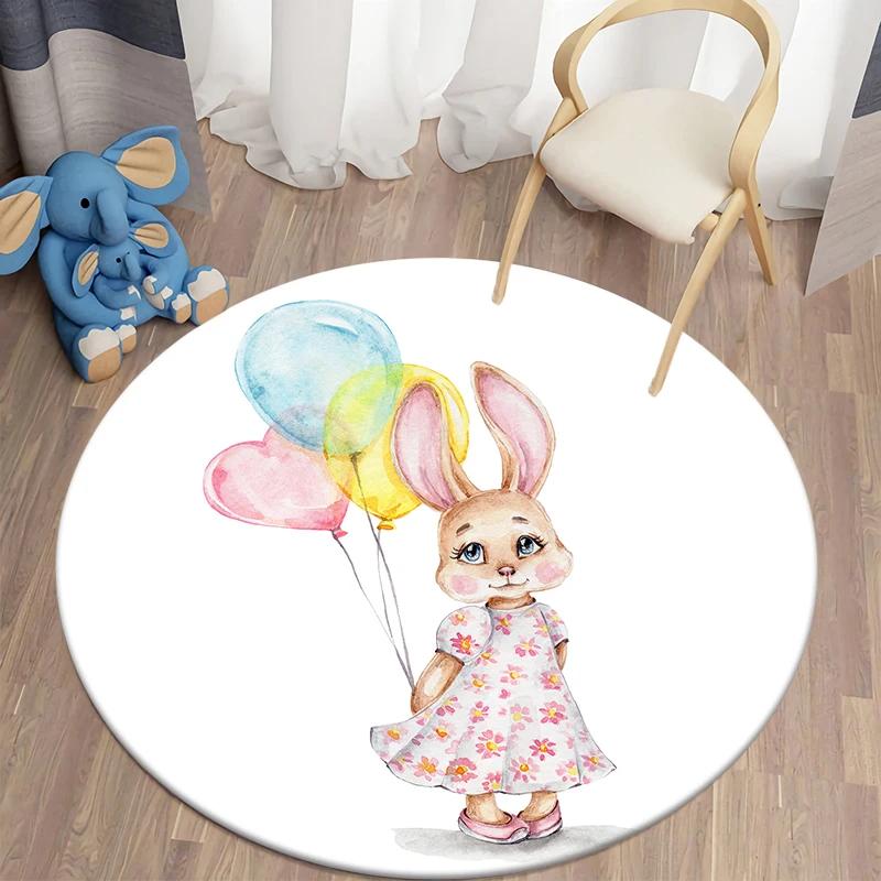 Cartoon Rabbit Girl Animal Flowers Round Carpet Cute Bunny Mouse Circle Rug Home Bedroom Living Room Floor Mat Chair Pad Doormat