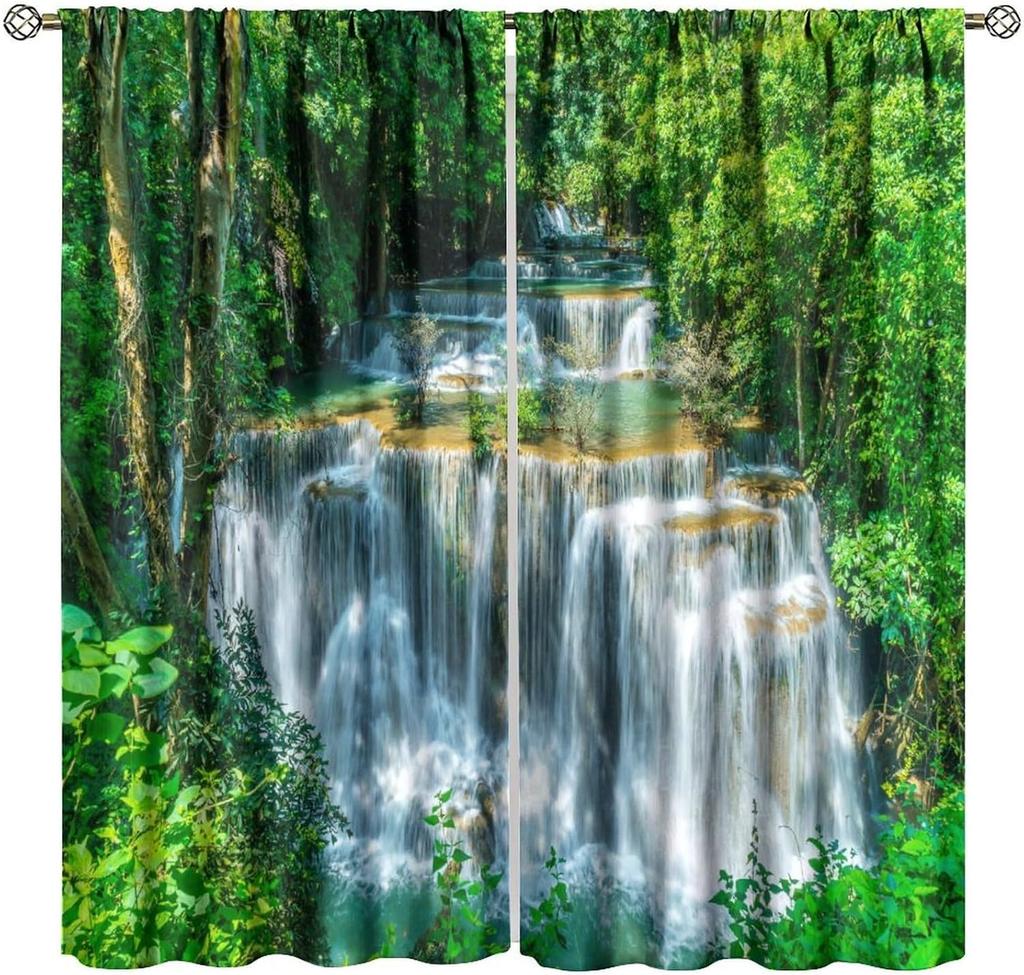Blackout Red Forest Waterfall Windows Curtains Tree Landscape Woodland Scenic Nature Fall Scenery Art Printed Curtain Made Of Polyester Washable