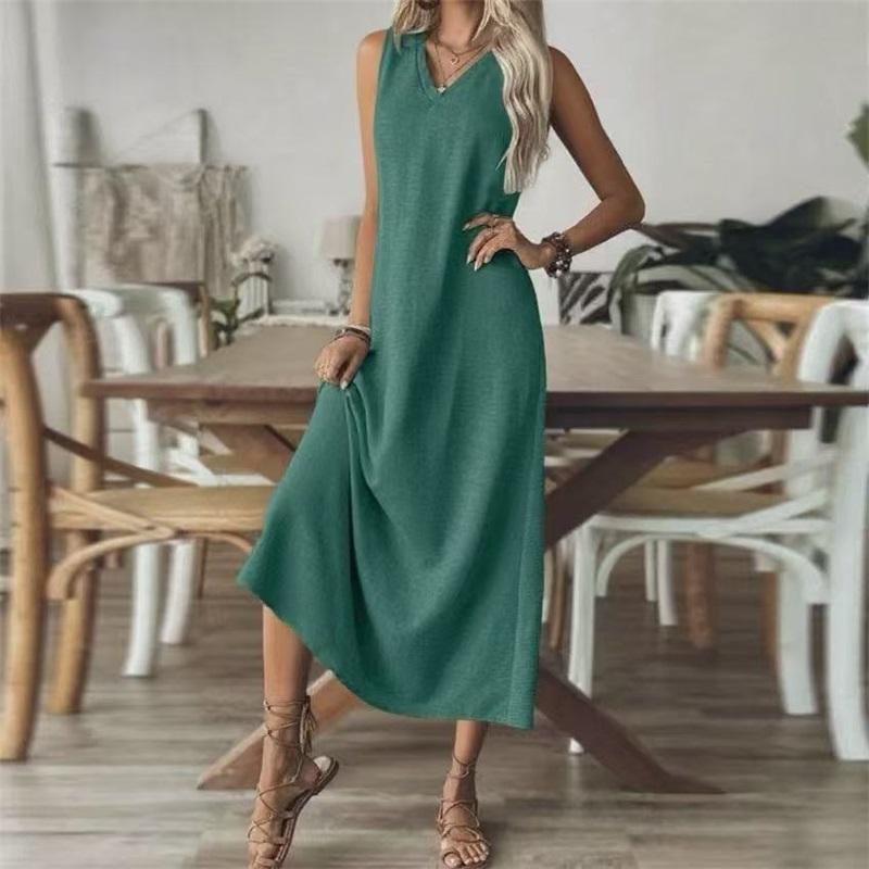 Abito Lungo da Donna Senza Maniche in Lino Scollo a V Ampio Casual Lungo