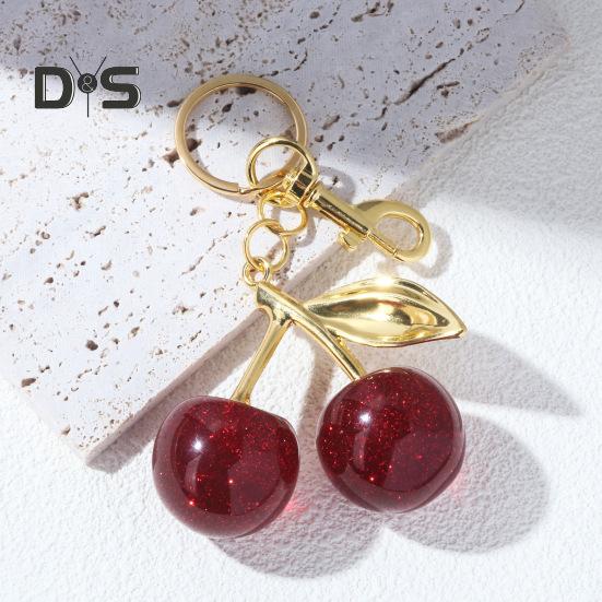 Keychain Bag Charm with Golden Shimmering Resin Cherries Hypoallergenic Steel Key Pendant Bag Wallet Accessory