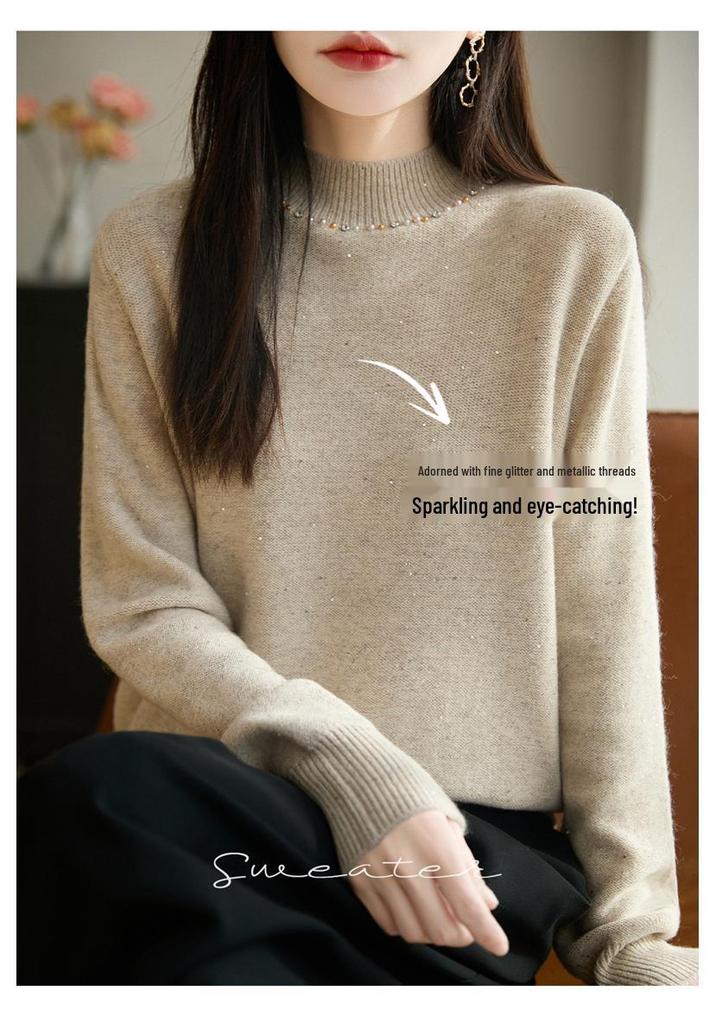 Women's Sequined Turtleneck Sweater - Autumn/Winter Fashion, Age-Defying, Loose Fit, Versatile Knitwear