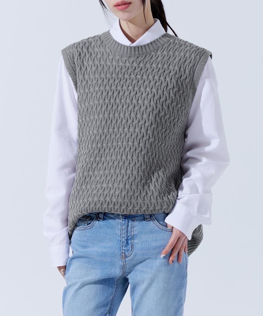 Topboy Regular Fit Barbed Wire Round Knit Vest Gray