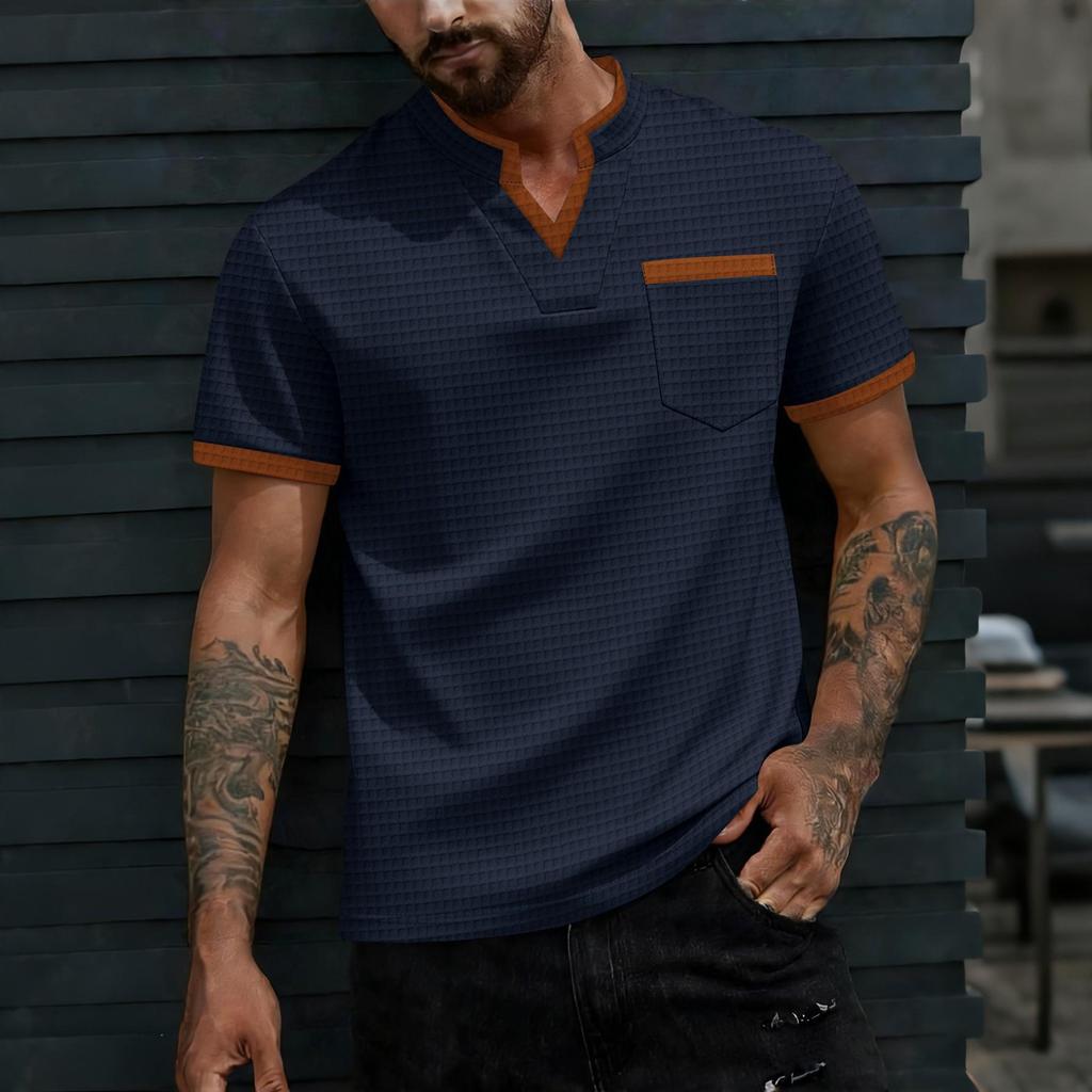 Men's Breathable Plaid V-Neck Short Sleeve Casual T-Shirt with Contrast and Versatile Pocket